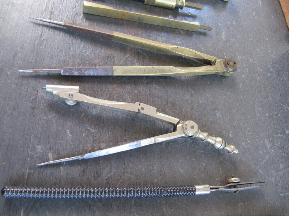 Antique Brass Drawing Engineering Draughtsman's Tools in Rosewood Box