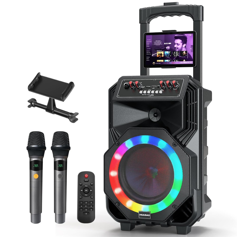 Karaoke Machine with 2 Wireless Microphones, Rolling Wheels, and Trolley – 88...
