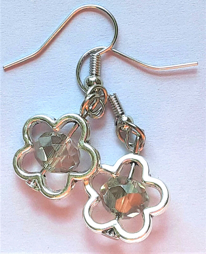 FACETED Smokey GREY Crystal DAISY FRAME earring SP fish hook artisan #FRM