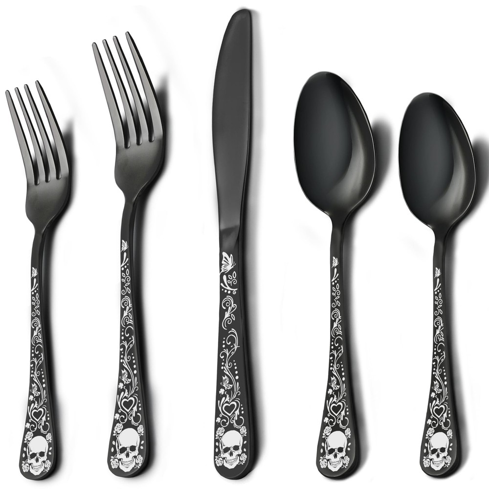 Skull Black Silverware Set for 4, 20-Piece Black Flatware Set, Gothic Skeleton C