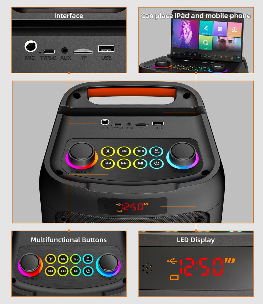 Karaoke Machine ，Portable Bluetooth Speaker, PA System with 2 Wireless Microphon