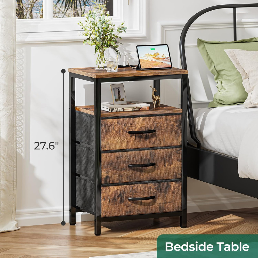 Rustic Brown Nightstand, Charging Station, Bedside Table w/ 3 Fabric Drawers