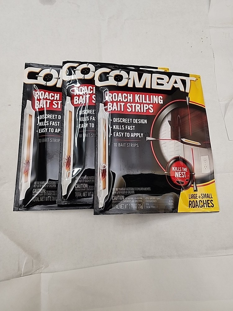 (3)Combat Roach Killing Bait Strips Kills Nest Large/Small Roaches 10 Strips Eac