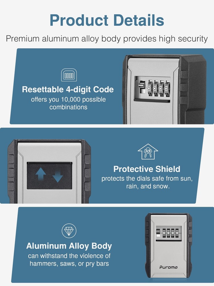 Puroma Key Lock Box with Key Hook, Resettable 4-Digit Combination Lockbox, Wa...