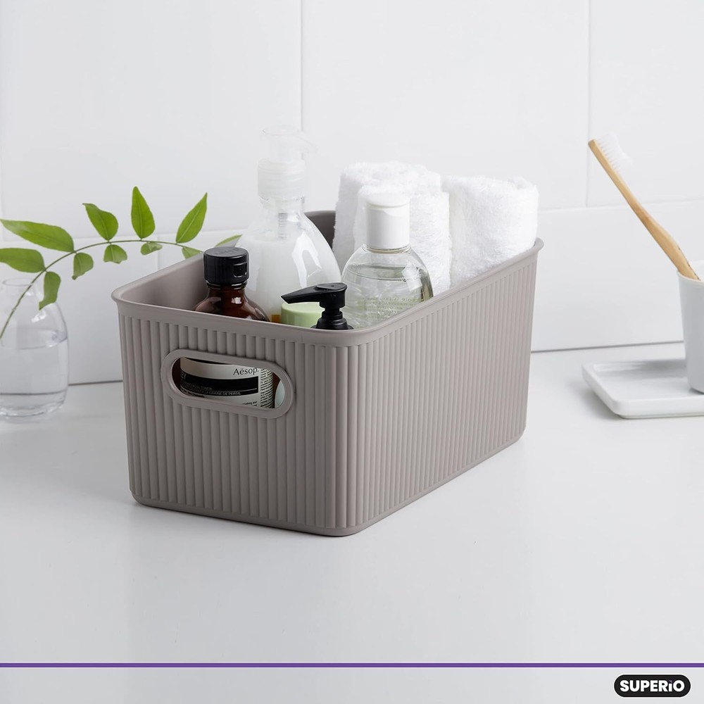Superio 5L Small Ribbed Storage Bin- Plastic Storage Bin (1 Pack, Taupe)