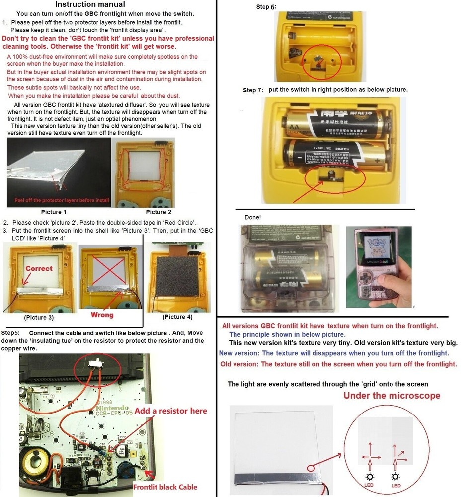New Version Frontlit Frontlight Front Light Kit For Nintendo Game Boy Color GBC