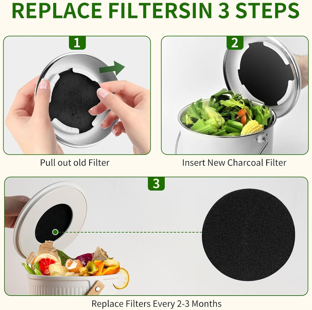 6.7 Inch Kitchen Compost Bin Charcoal Filter Replacements, 12 Pack Compost Pail