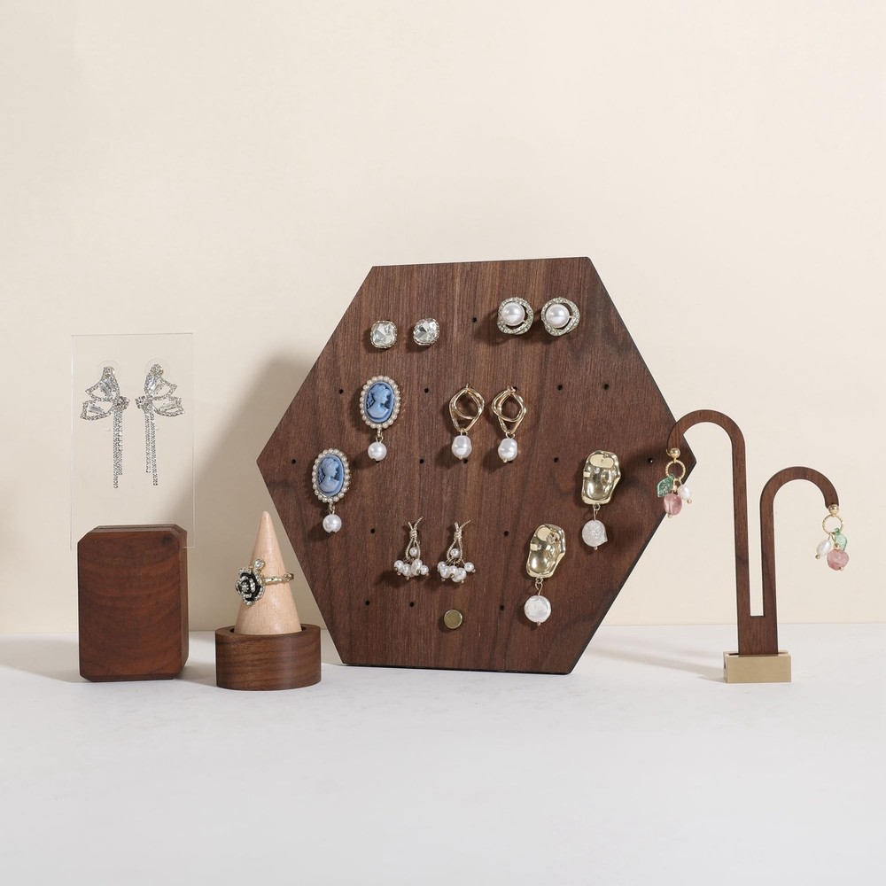 GemeShou Walnut earring organizer board, Hexagon sharp earring display stand ...