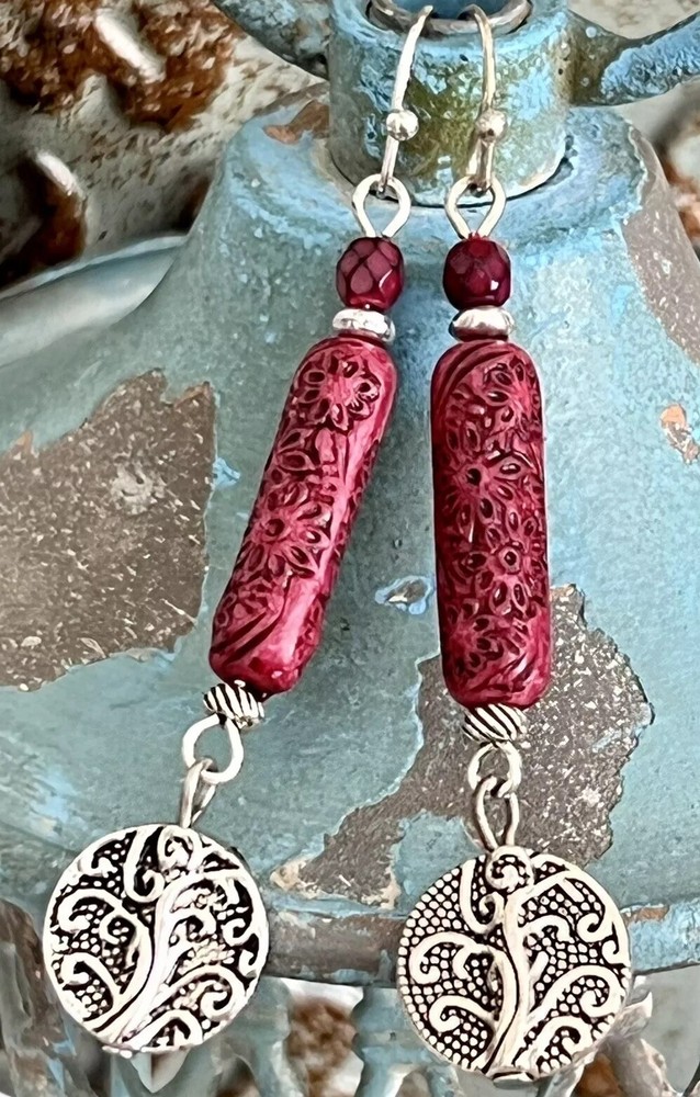 Etched Silver and Vintage Red Dangle Earrings.