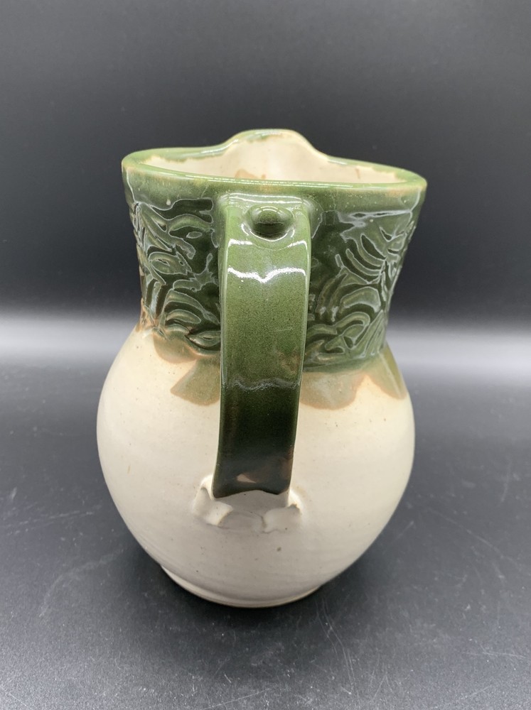 Studio Art Pottery Pitcher Ivory Green Glaze Leaves Signed