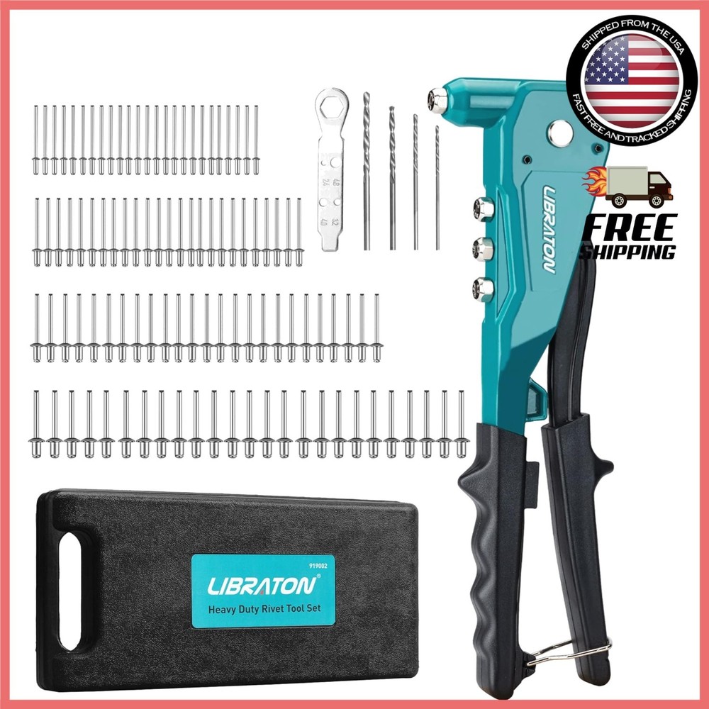 Professional Pop Rivet Gun with 4 Interchangeable Heads & 110 Versatile Rivets