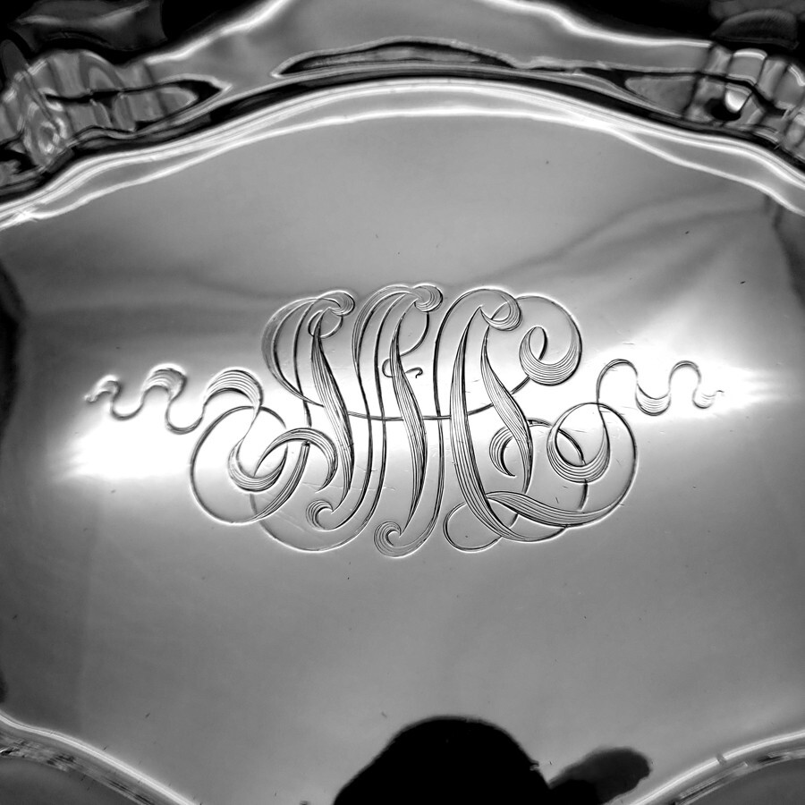 Rose Scroll Serving Tray Bowl Reed Barton Sterling Silver Mono NML