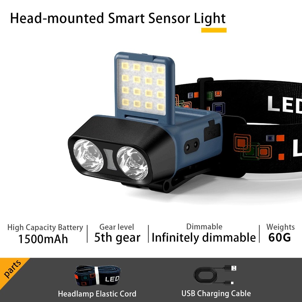 LED Headlamp Flashlight 1200LM Head Lights for Forehead USB Rechargeable Blue