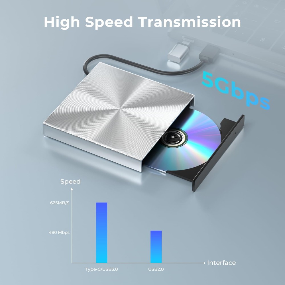 Alphami External Blu Ray DVD Drive Burner, USB 3.0 and Type-C Optical Slim...