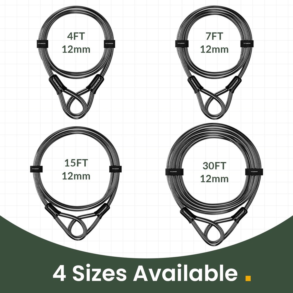 Titanker Bike Lock Cable,12mm Thick Security Cable with Loops 4FT, Black