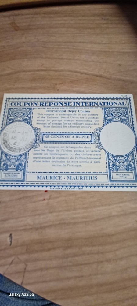 International Reply Coupon Mauritius 1963 different text at back