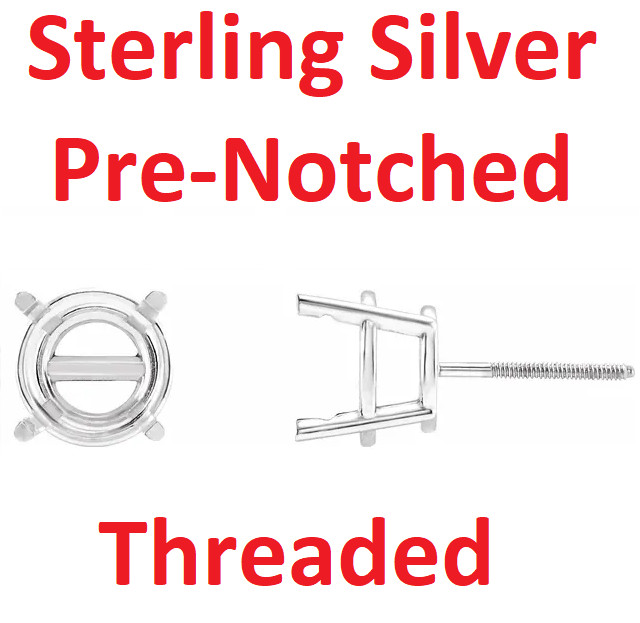 Silver Round Pre-Notched Stud Earring Basket Mounting Setting Threaded - 1 Piece