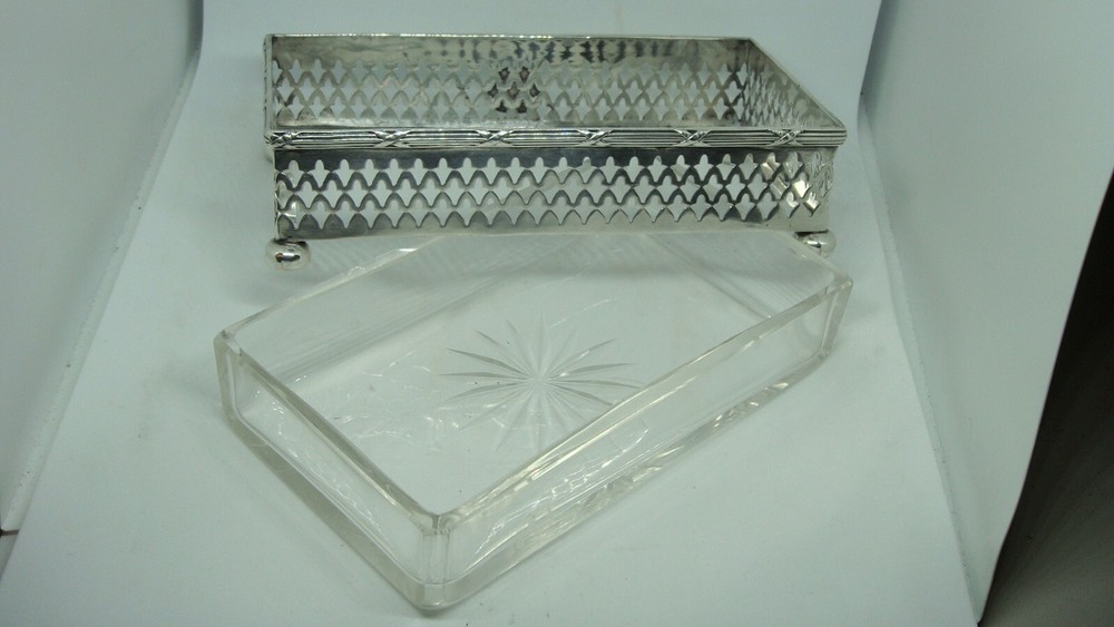VINTAGE WALLACE & SON RECTANGULAR STERLING SILVER GLASS DISH SERVER 2.84