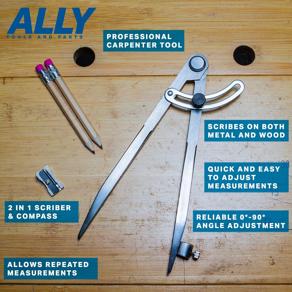 ALLY Tools 8 Inch Precision Locking Wing Divider/Woodworking Compass with Pen...