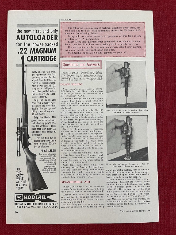 Vintage 1961 Print Ad Kodiak .22 Model 260 Autoloader Advertisement