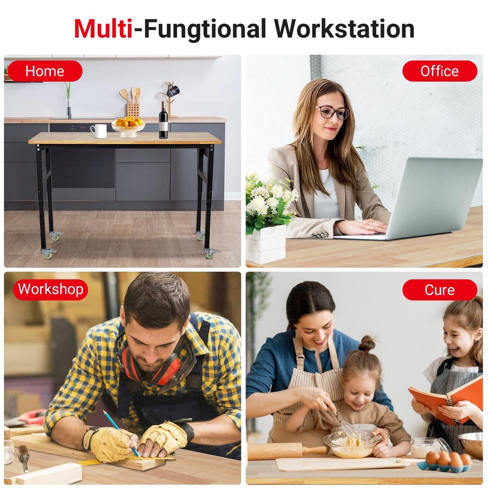 48" Adjustable Workbench 2000Lbs Load Rubber Wood Work Bench w/Pegboard & Wheels