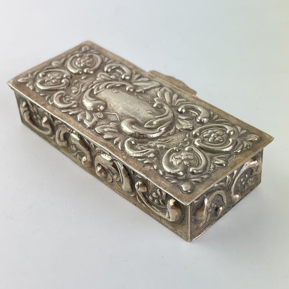 Antique Spanish Solid Silver Embossed Rococo Style Trinket Box C1900 8.7cm