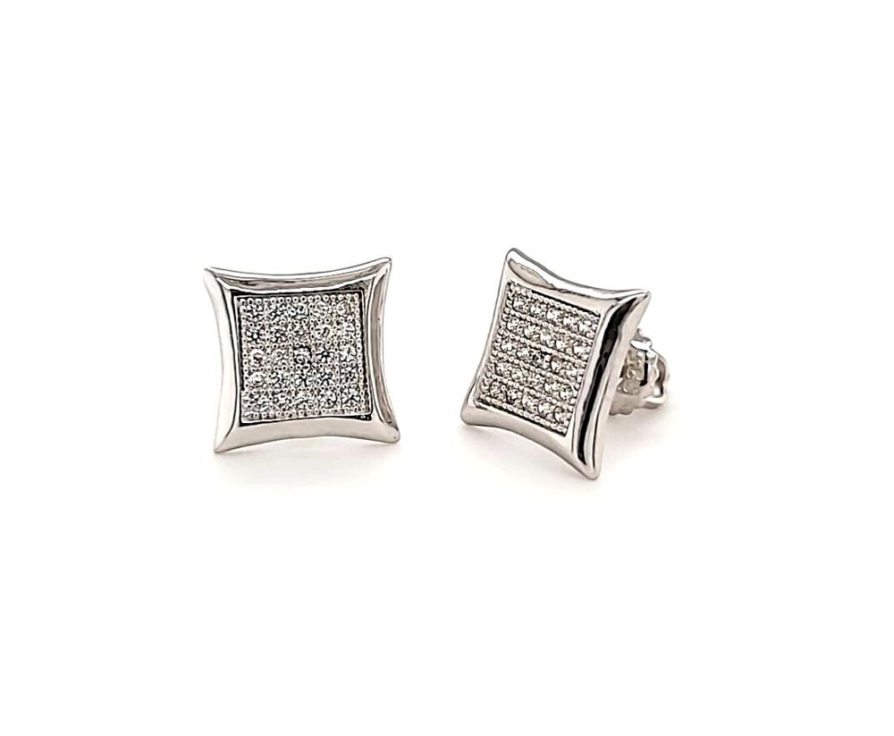 White Zircons 10mm Pave Set Screw Back Stud Earring .925 Sterling Silver