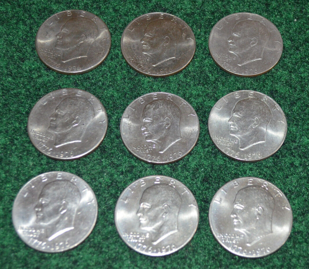 Nine 1976 One Dollar Eisenhower Bicentennial Coins