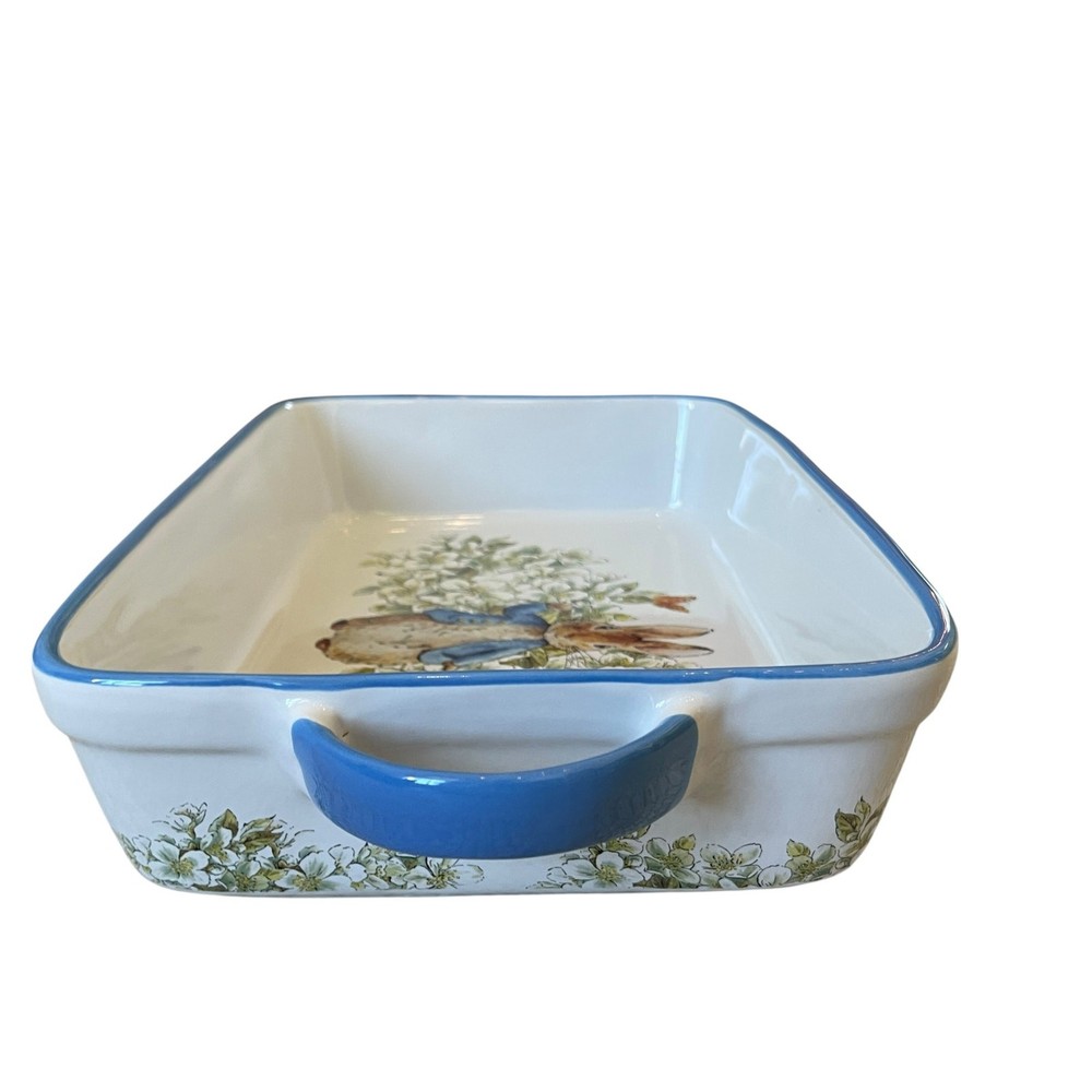 Beatrix Potter Peter Rabbit Rectangular Ceramic Baker Blue Rim Easter NEW