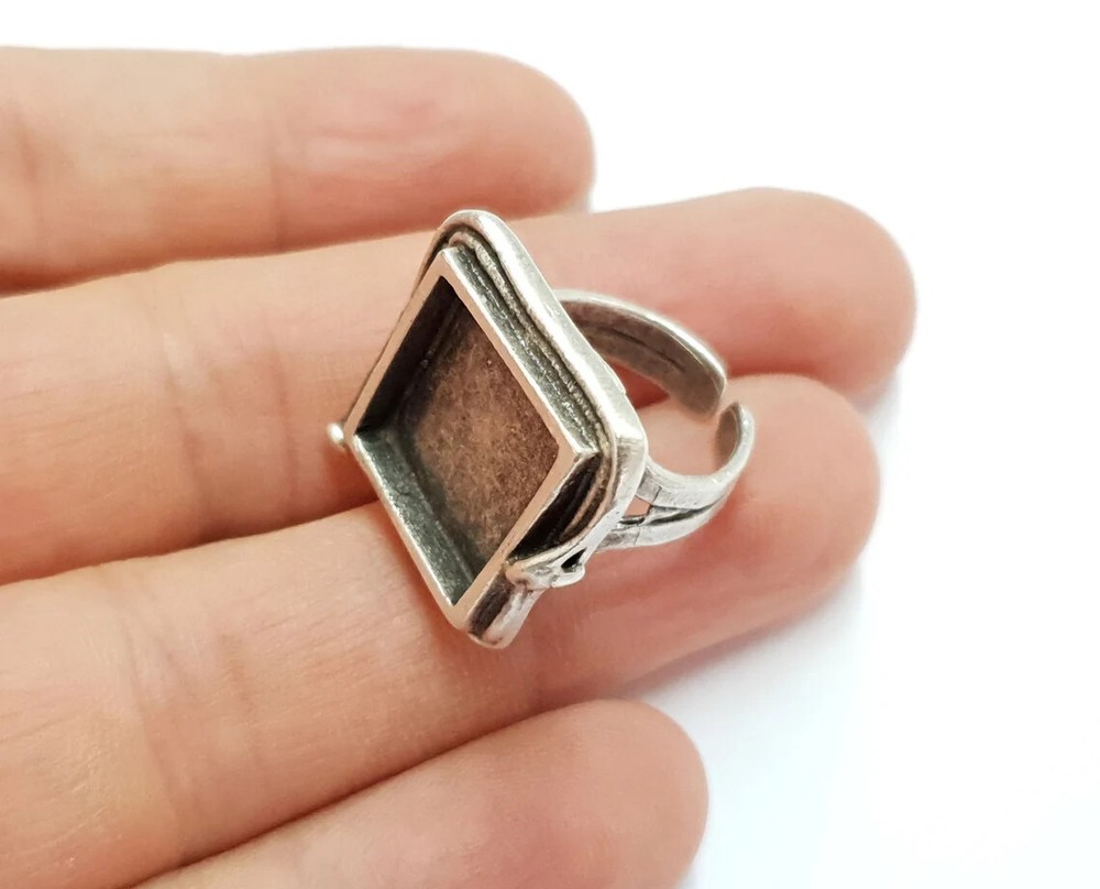 Square Ring Blank Bezel Setting Adjustable Base Antique Silver Plated Brass