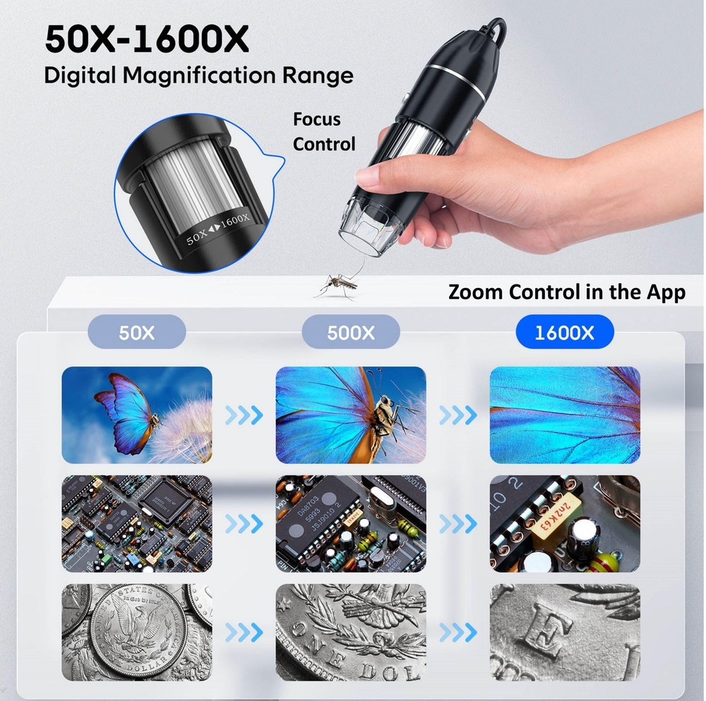 USB Digital Microscope, 50x1600x Magnification Handheld, 1920P HD 8 LED Light...