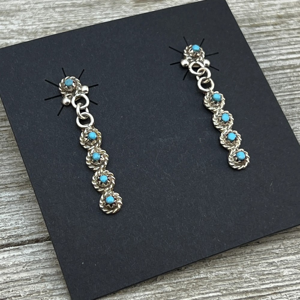 Zuni Turquoise Snake Eye Tiny Dot bar dangle earrings sterling silver Bernadett