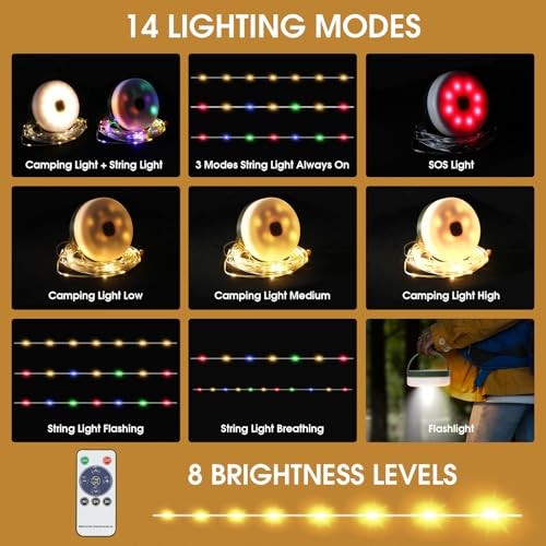 2-Pack Camping String Lights with Remote Control, 4 in 1 Portable 2 Pack