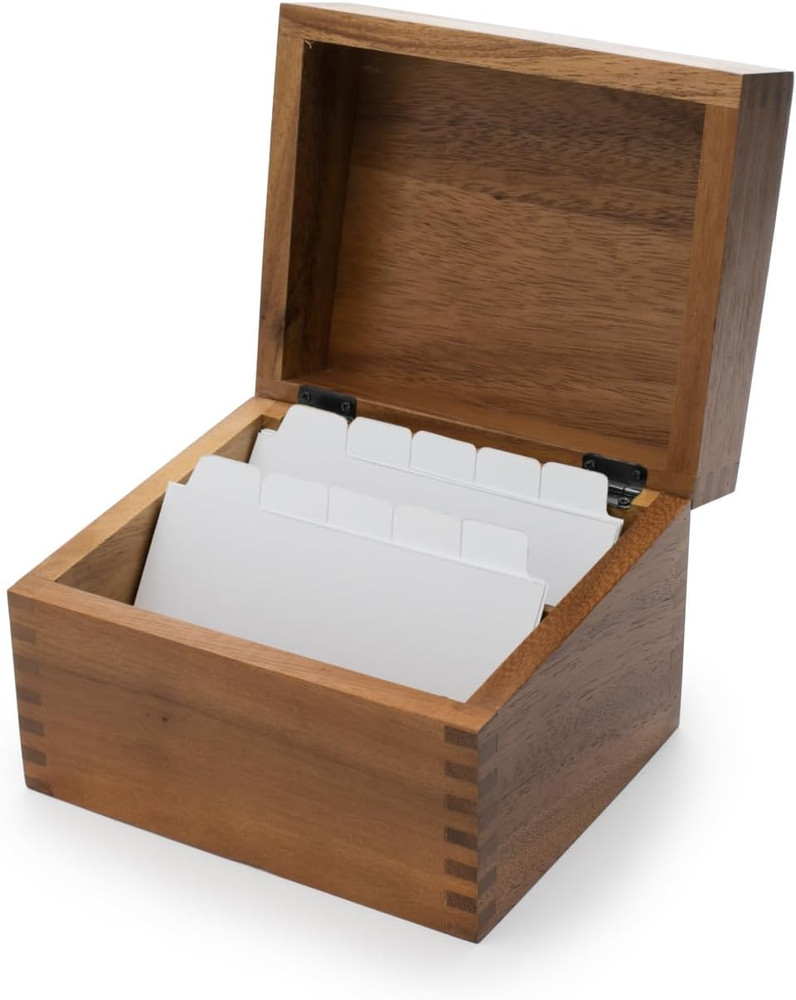 Acacia Wood Recipe Box with Divider Tabs, 2 Compartment, Single