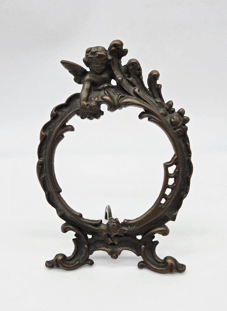 Vintage Bronze Tabletop Vanity Mirror Frame With Cherub & Roses