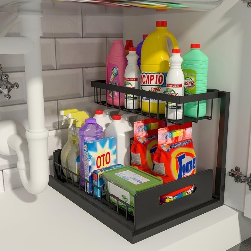 L Shaped Under Sink Organizer Sliding Storage Rack Multi Purpose Shelf New