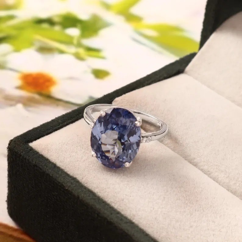 Kashmir Blue Sapphire Ring: Oval Cut Sterling Silver Statement Ring