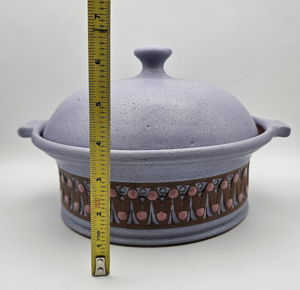 Signed Studio Pottery Dish w/ Lid ~ Unique Lavender Handled Dish & Dome Lid DWL