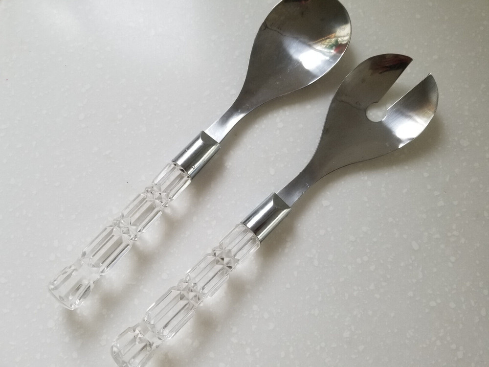 Stainless Steel & Lucite Handle Salad Servers Fork & Spoon 10.5"