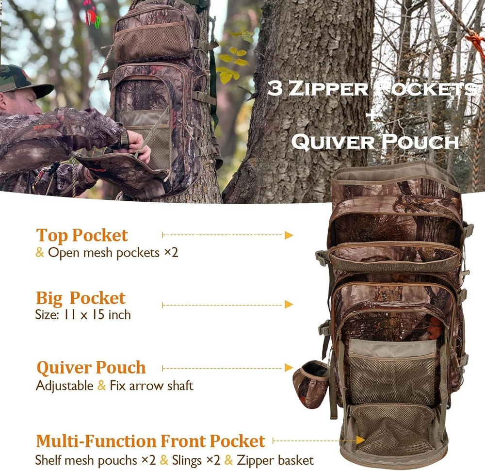 Large Saddle Hunting Pack for Compound Bow, with Bow Holder & Camo Design