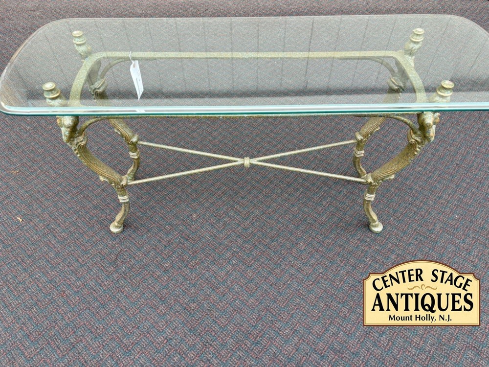 65667  Vintage Glass Top Console Table with Brass Figural Base