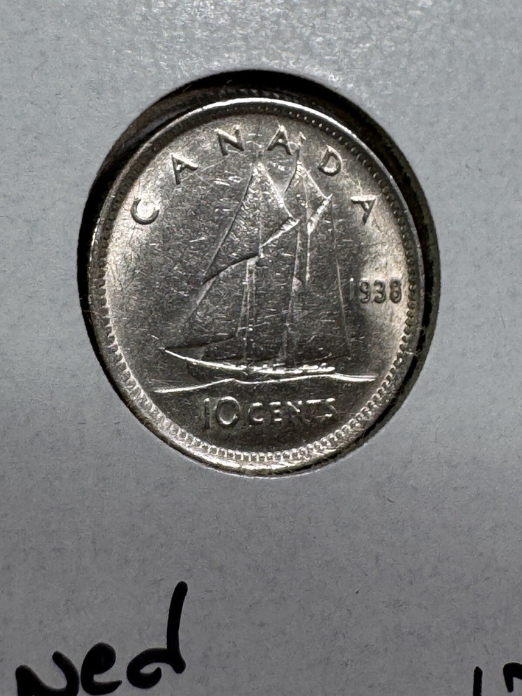 1938 Canada 10 Cents Silver Coin Cleaned