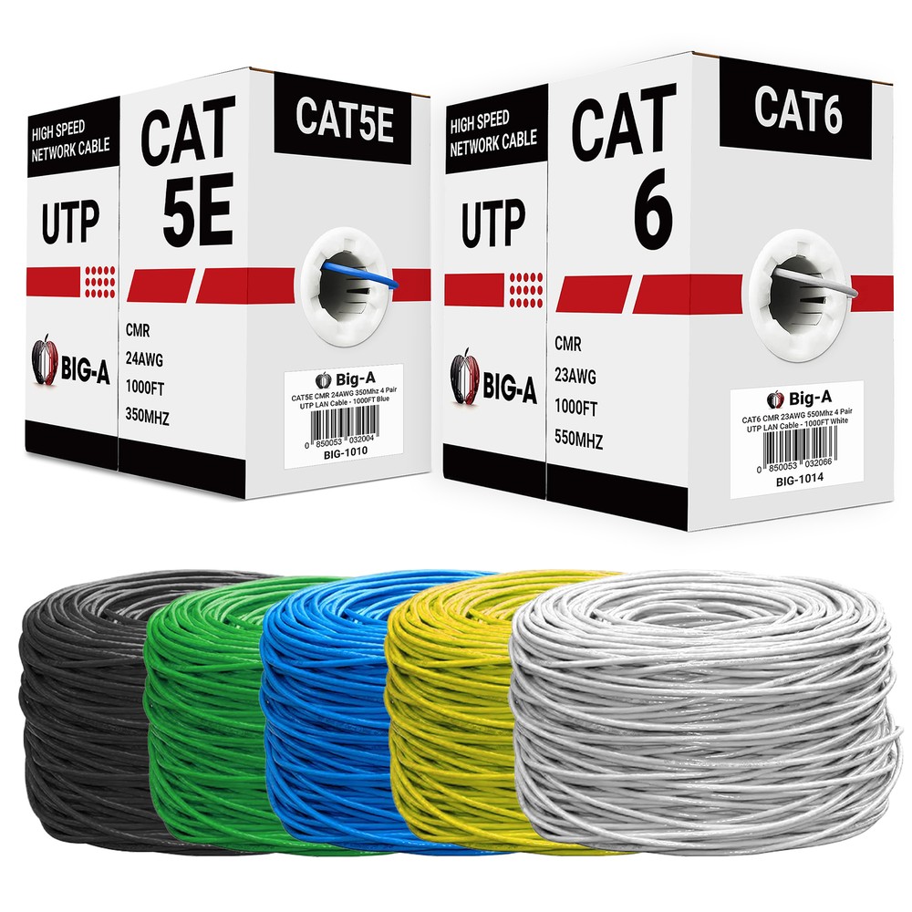 Cat5e Cat6 Cable 1000ft Solid 4 Pair Bulk Cat 5 Cat 6 Ethernet Cable (UTP CMR)