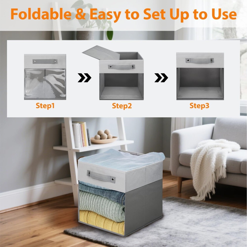 3-Pack Foldable Storage Cubes with Clear Window,Heavy Duty Fabric Storage Bin...