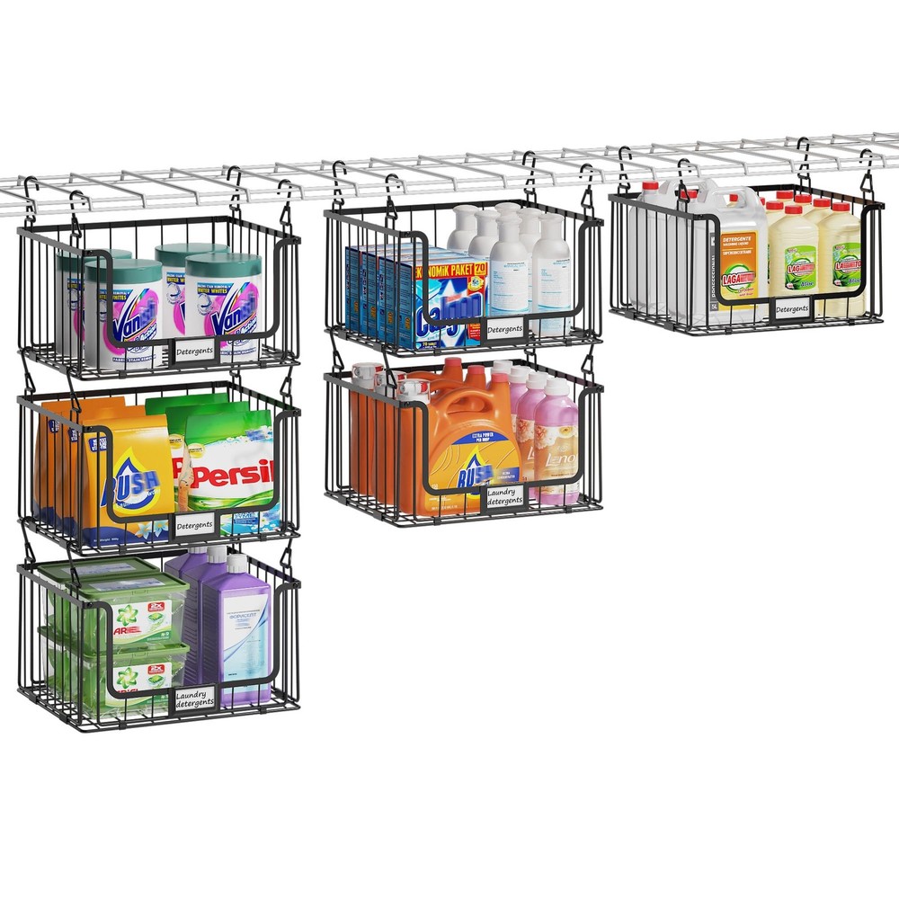 3-Pack Hanging Laundry Organizer, Stackable Wire Shelf Storage with Label Car...