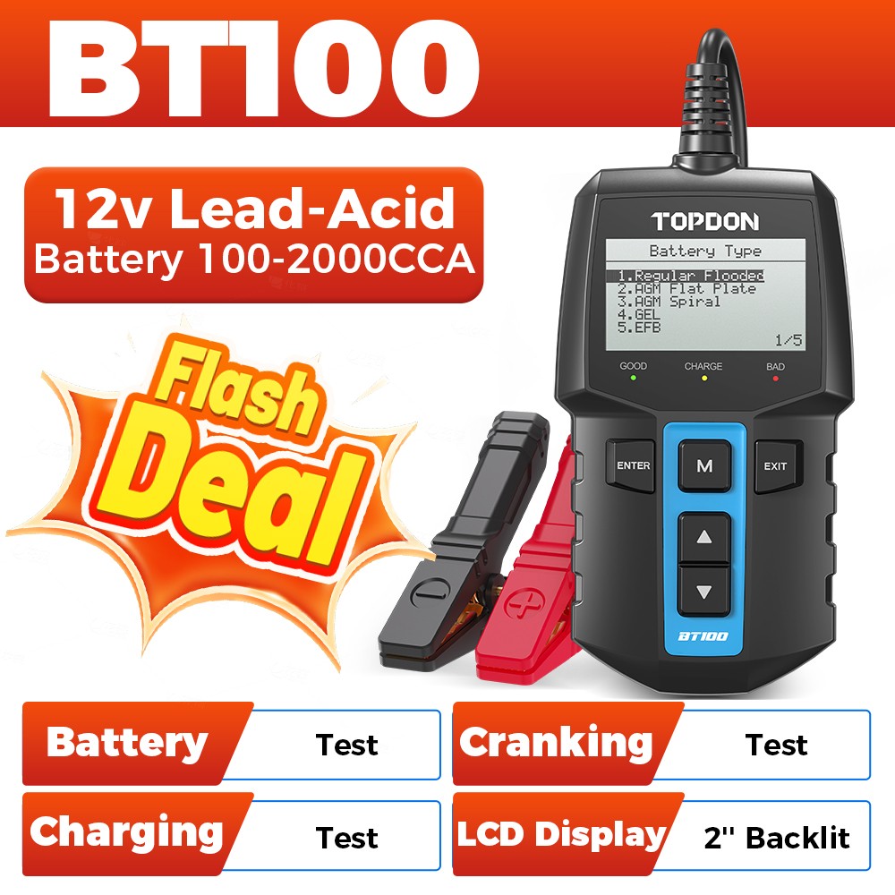 TOPDON BT100 12V Battery Tester Load Cranking Charging System Analyzer 2000 CCA