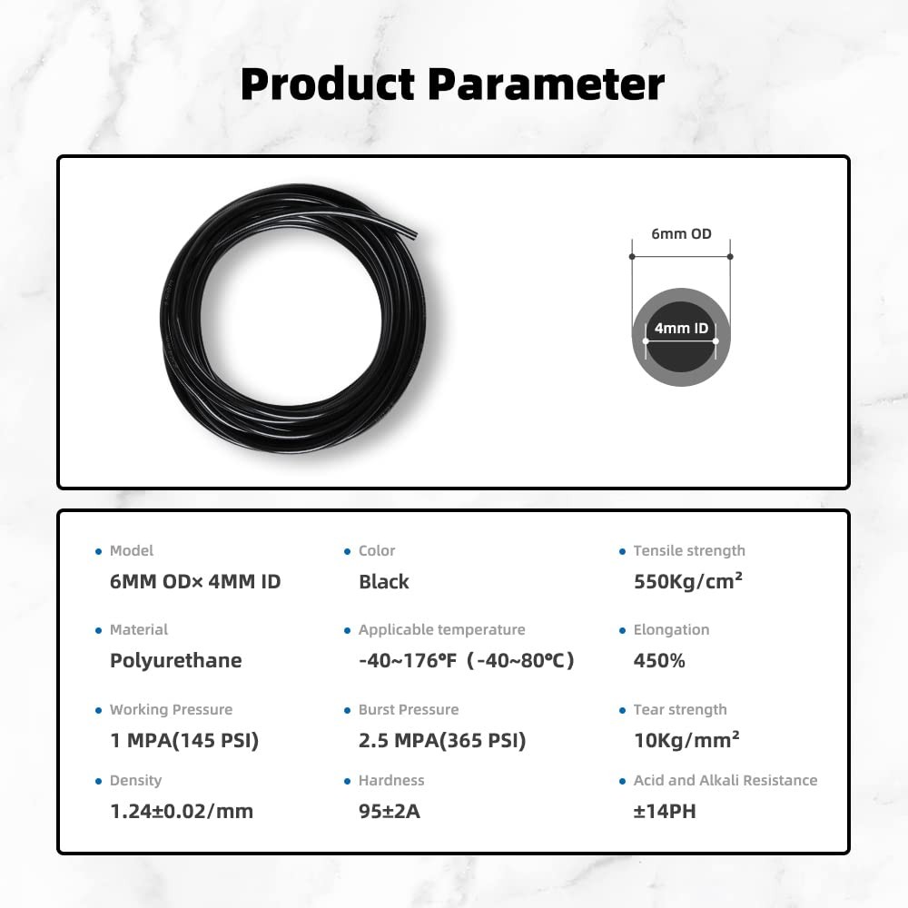 Pneumatic Tubing Black PU Air hose Pipe Tube Kit 6mm OD 4mm ID 39.4ft/12 Mete...