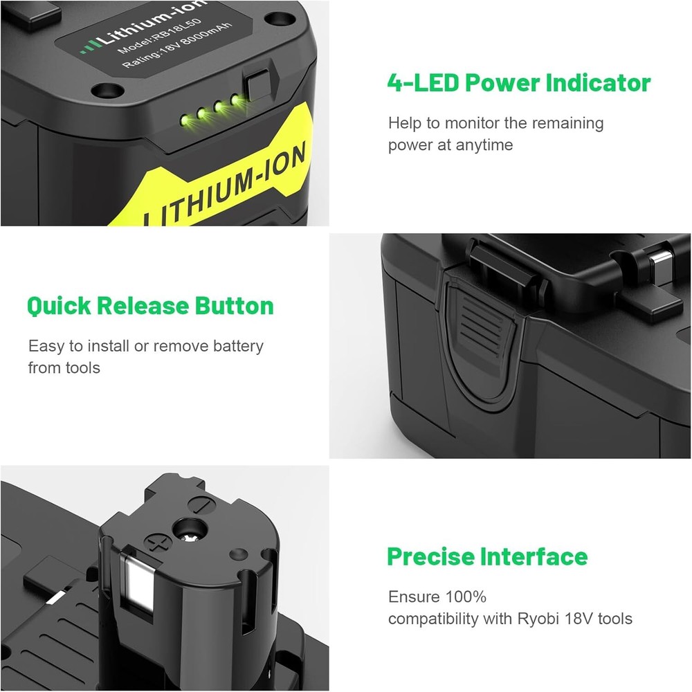 2Pack 8.0Ah Replacement For Ryobi P108 18V Tool Battery High Capacity