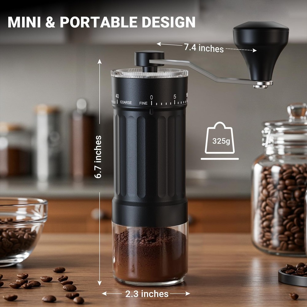 Mini Manual Coffee Grinder with 40 Adjustable Settings, Portable Hand Coffee