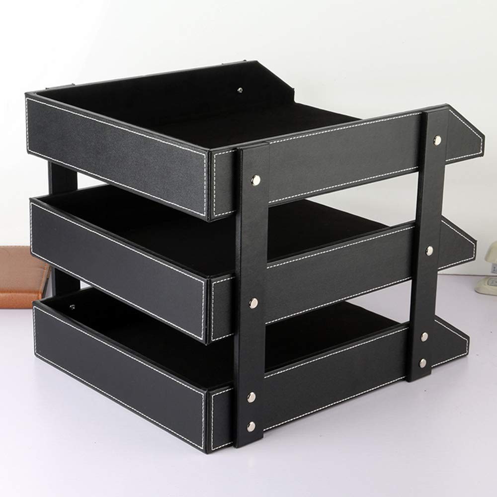 Leather Desk File Organizer 3Layer Stackable Tray Stationery Storage Black